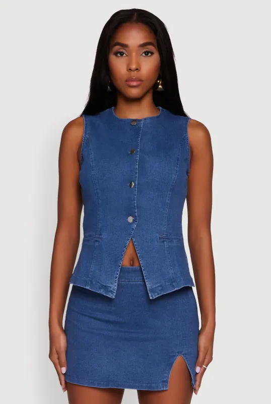 Trendy High Neck Button Front Denim Vest sold by Rainbow