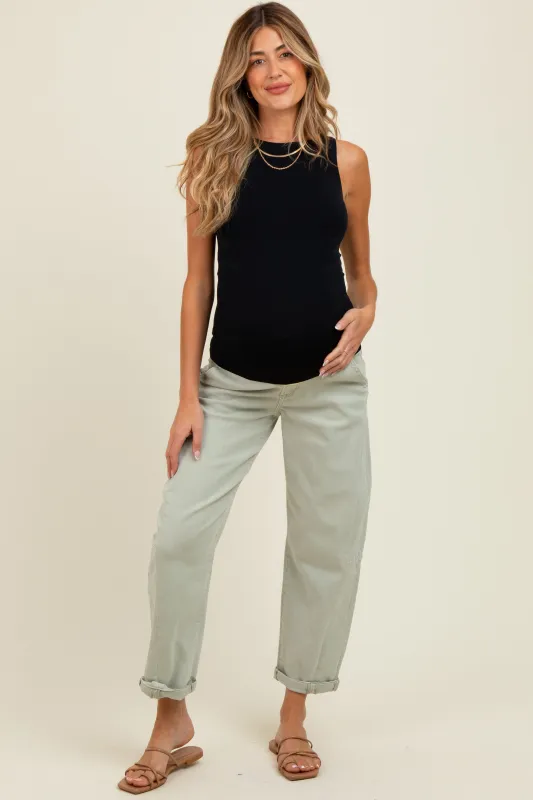 Light Olive Rolled Cuff Barrel Leg Maternity Jeans sold by Pinkblush