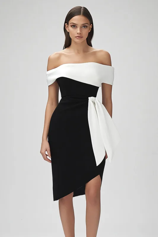 Short Bodycon Ivory and Black Cocktail Dress with Ruffles sold by Zapaka
