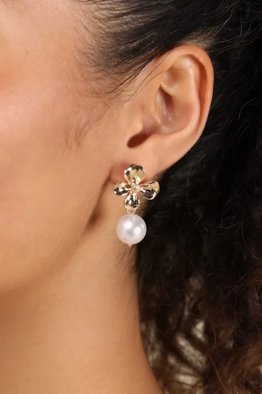 Yarelis Gold Flower Pearl Drop Earrings sold by Lulus