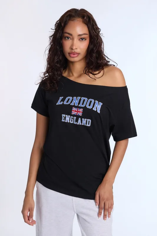 London Graphic Off-Shoulder Tee sold by Bluenotes