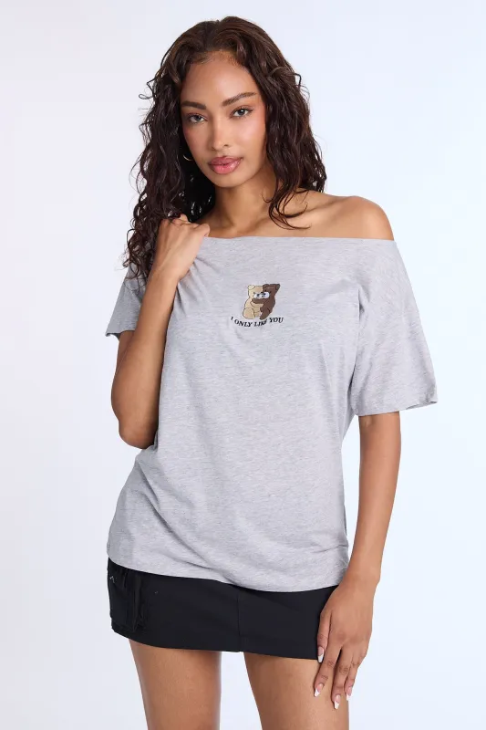 Teddy Bear I Only Like You Graphic Embroidered Off-Shoulder Tee sold by Bluenotes