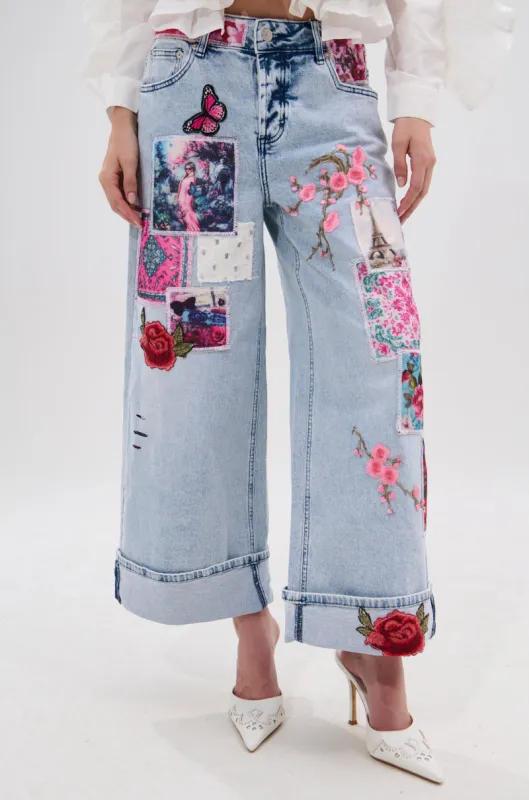 PICTURE PERFECT PATCHWORK DENIM JEANS sold by AKIRA