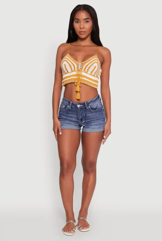 Trendy Crochet Striped Sleeveless Crop Top with Tassel Tie Front sold by Rainbow