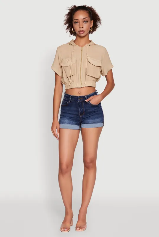 Trendy Cargo Pocket Zip Front Cropped Hoodie sold by Rainbow