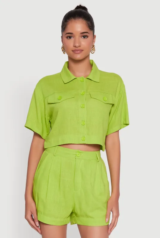 Trendy Linen Flap Detail Button Front Cropped Shirt sold by Rainbow