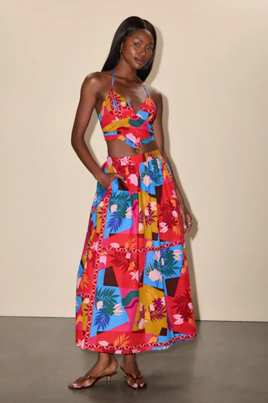 Beatriz Red Multi Floral Print Midi Skirt sold by Lulus