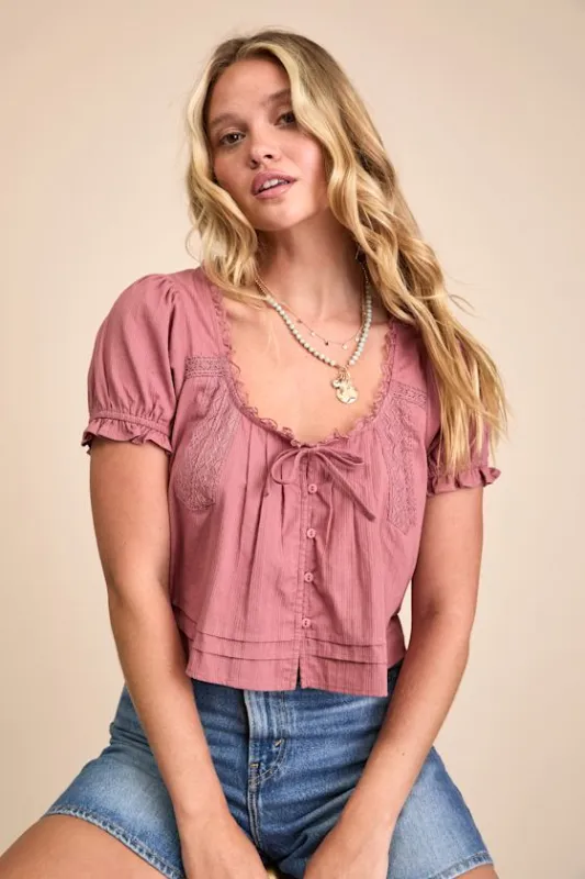 Kinsie Dusty Rose Puff Sleeve Button-Front Top sold by Lulus