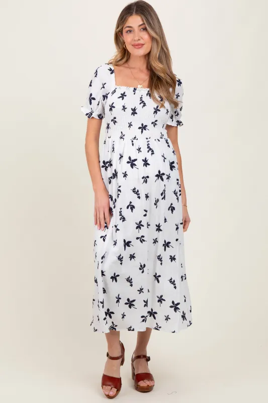Ivory Floral Puff Sleeve Maternity Midi Dress sold by Pinkblush