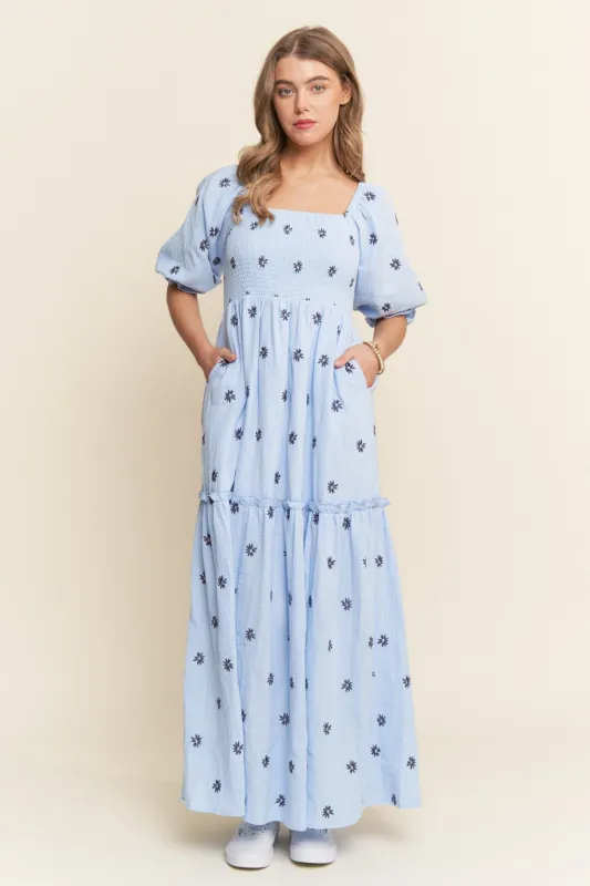 Light Blue Floral Smocked Puff Sleeve Maxi Dress sold by Pinkblush