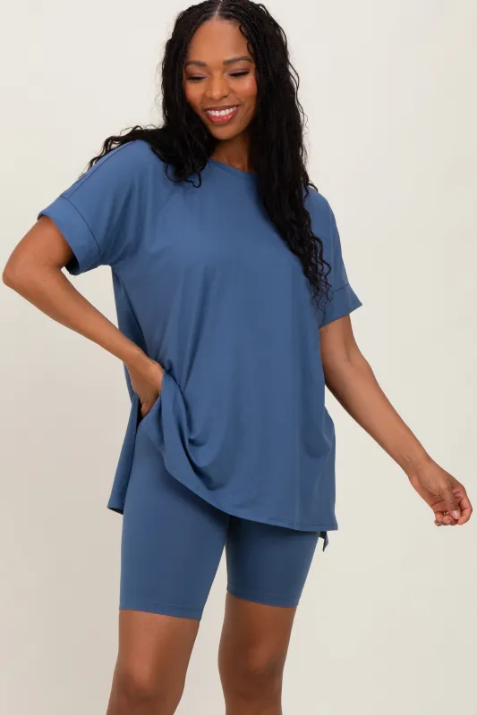 Blue Hi-Low Short Sleeve Tee Biker Short Set sold by Pinkblush