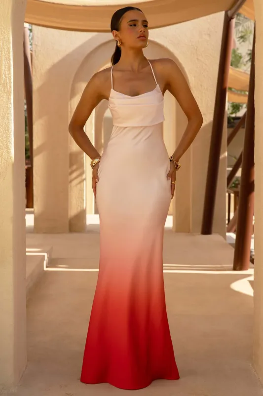 Lucie | Red Ombre Satin Cowl-Neck Maxi Dress sold by Club L London