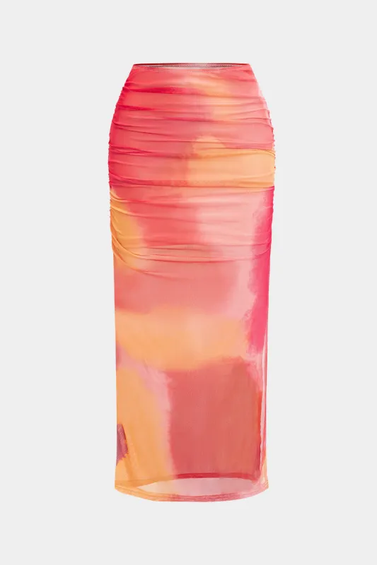 Mesh Tie Dye Print Ruched Slit nederdel sold by Micas
