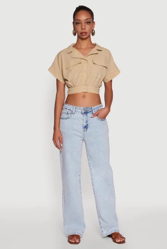 Dolman Sleeve Button Front Shirt Collar Crop Top sold by Rainbow