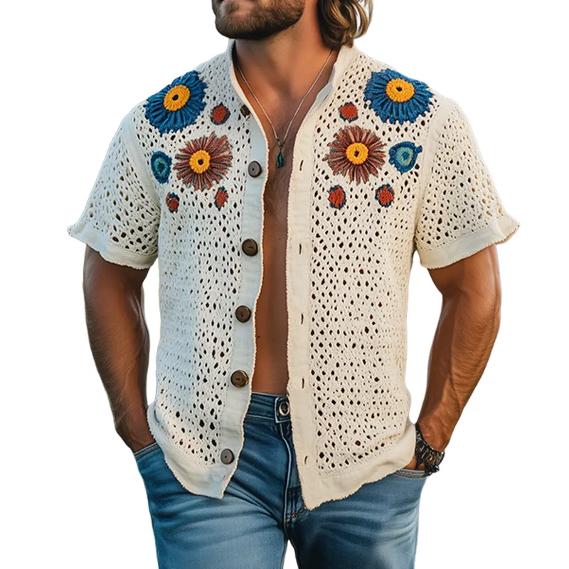 Men's Summer Fashion Casual Hollow Crochet Flower Stand Collar Knitted Short-sleeved Shirt MTA2798F1K sold by Manly