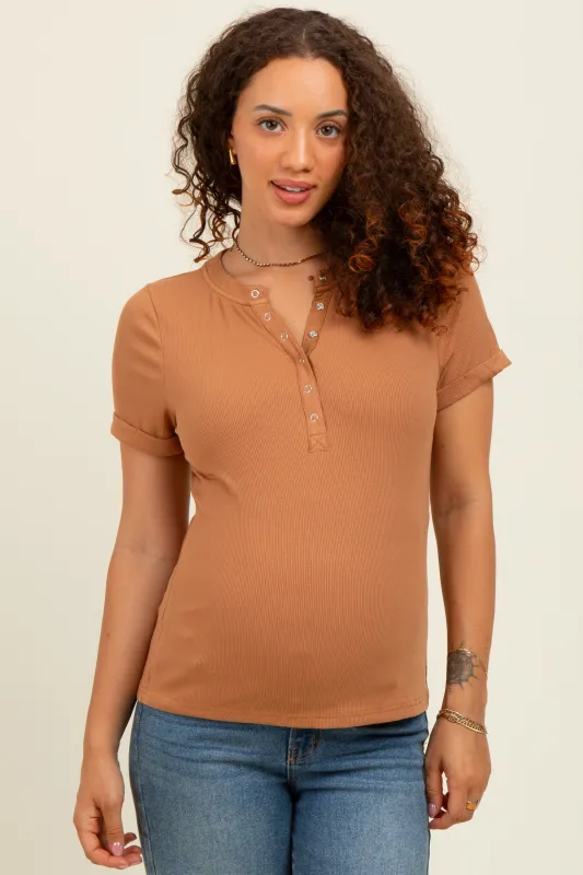 Camel Snap Button Maternity Short Sleeve Top sold by Pinkblush