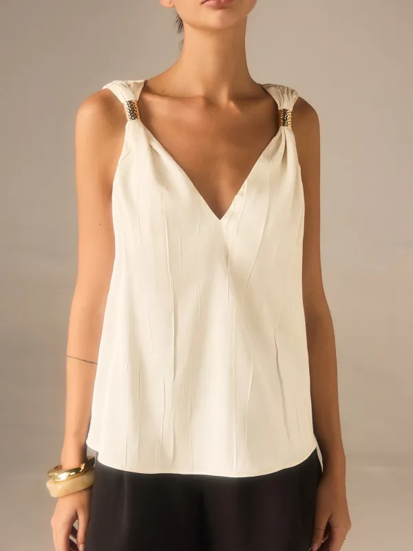 Satin Twist-Strap V-Neck Top with Metal Detail sold by COMMENSE