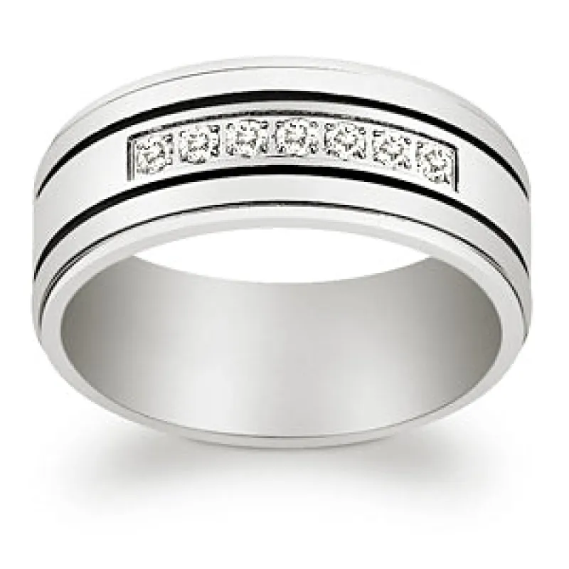 Titanium & CZ Engraved Grooved Band Ring sold by Limoges Jewelry