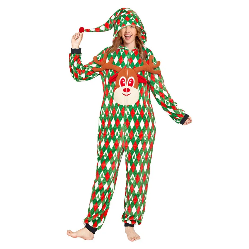 OLAOLA Printed Diamond Elk Flannel Pajamas Plush Animals Onesie Adult Soft Sleepwear Christmas Carnival Suit sold by OLAOLA