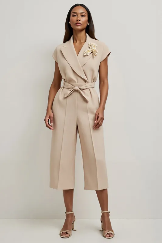 Khaki Notched Lapel Work Jumpsuits with Sleeves sold by Zapaka