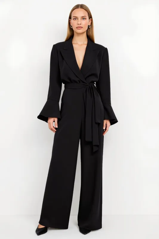Black Peak Lapel Jumpsuit with Belt sold by Zapaka