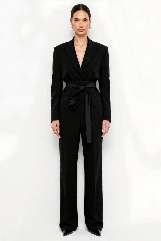 Black 2 Piece Peak Lapel Fitted Women Suits with Belts sold by Zapaka