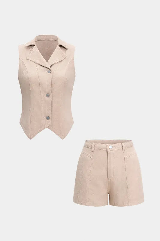 Denim Solid Button Vest And Shorts Set sold by Micas