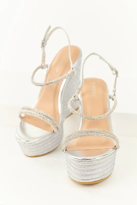 Silver Rhinestone Open Toed Platform Wedges sold by Lime Lush