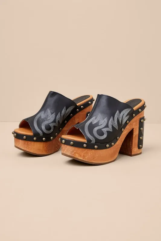 Free Spirit Black Leather Wooden Platform Slide Sandals sold by Lulus