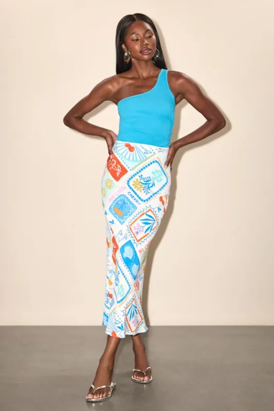 Iria White Multi Postcard Print Midi Skirt sold by Lulus