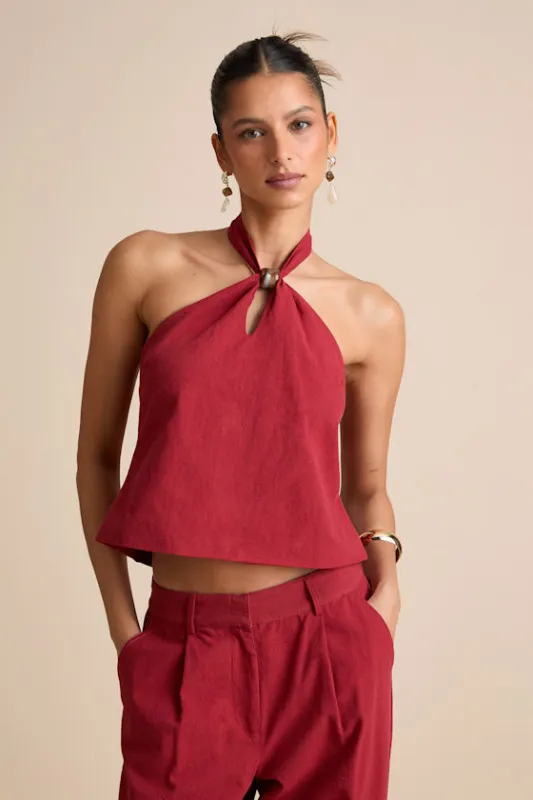 Vivian Rust Red Beaded Cotton Halter Top sold by Lulus