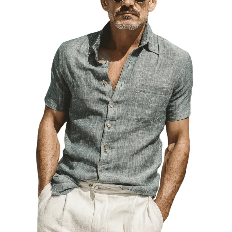 Men's Cotton And Linen Solid Color Short-Sleeved Shirt MTA0142G5X sold by Manly
