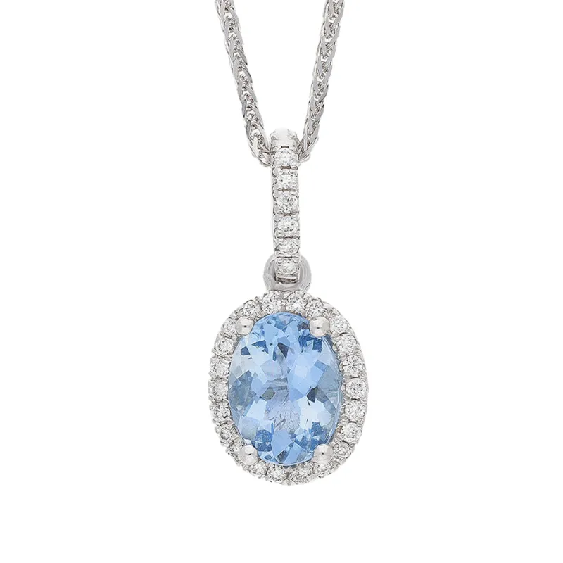 18ct White Gold 0.12ct Diamond & 1.03ct Aquamarine Oval Cluster Pendant & Chain sold by C.W. Sellors