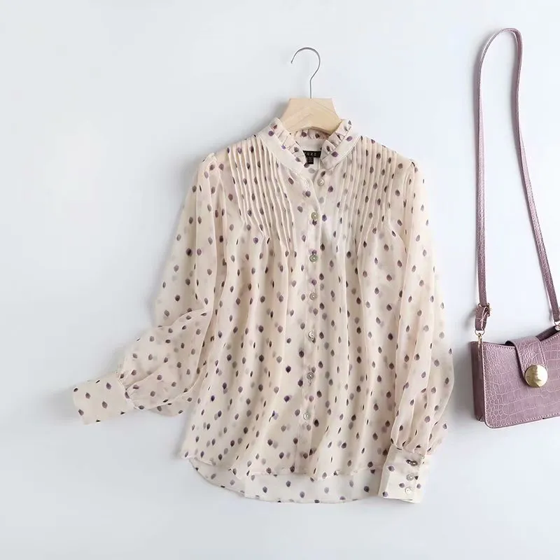 Chiffon Polka Dot Print Blouse Turn-Down Collar sold by Beagle Boutique