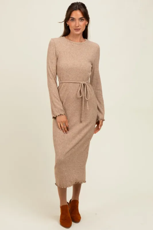 Camel Ribbed Ruffle Accent Long Sleeve Midi Dress sold by Pinkblush