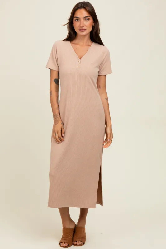 Mocha Ribbed Button Detail Midi Dress sold by Pinkblush