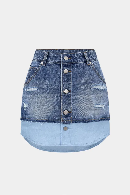Denim Buttons Washed Ripped Patchwork Skirt sold by Micas