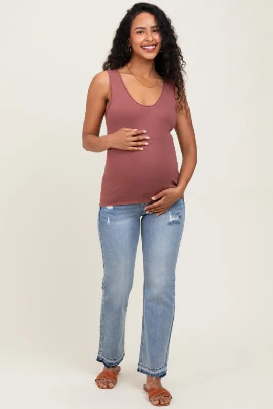 Light Blue Distressed Raw Hem Maternity Ankle Straight Leg Jeans sold by Pinkblush