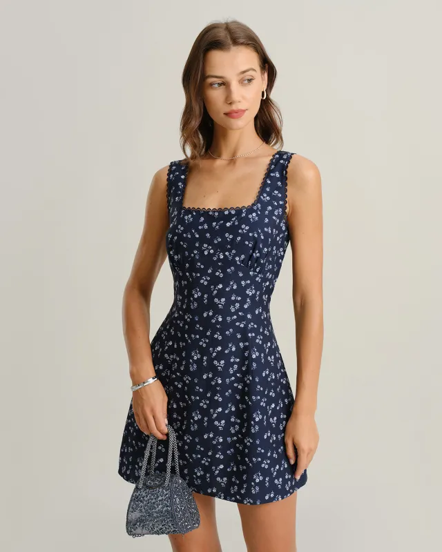 Navy Floral Square Neck Slip Mini Dress sold by rihoas