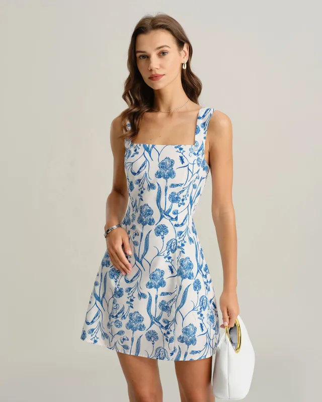 Blue Floral Tie-back Slip Mini Dress sold by rihoas