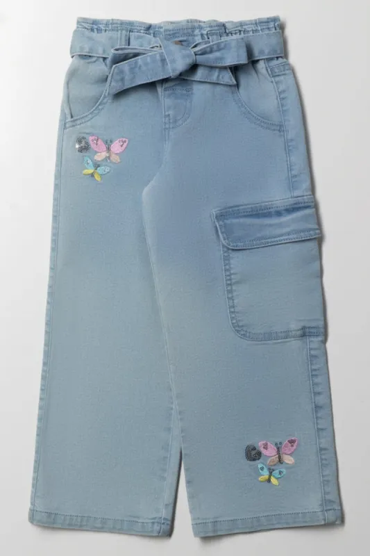 Butterfly Embroidery Wide Leg Denim Jean Blue sold by Ackermas