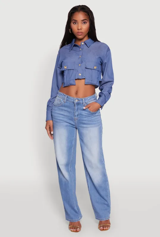 Classic Fit Long Sleeve Cropped Shirt with Flap Pocket sold by Rainbow