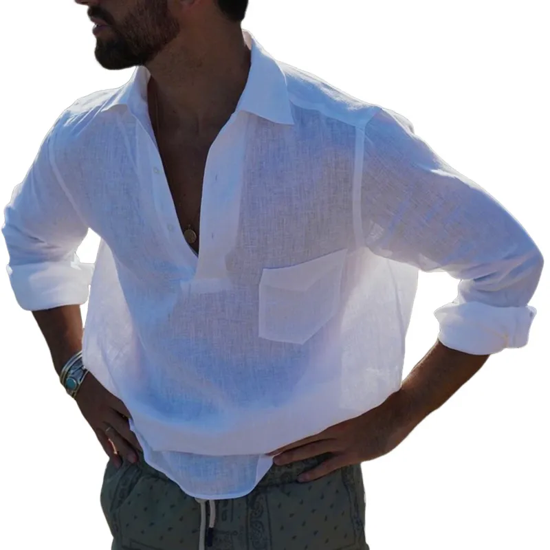 Men's Casual Solid Color Breathable Linen Button-up Lapel Patch Pocket Loose Long Sleeve Shirt MTA0434G3M sold by Manly