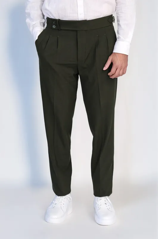 Khaki Double-Pleated High-Waisted Slim Fit Trousers with Side Buckles – Wessi sold by Wessi