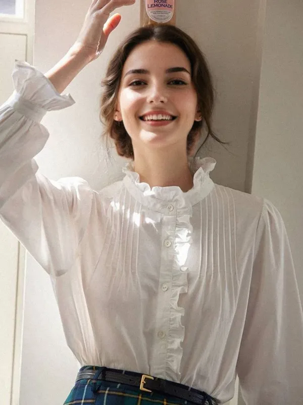 Kiara Stand Collar Pleated Blouse sold by Simple Retro