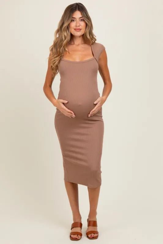 Mocha Ribbed Cap Sleeve Cutout Maternity Midi Dress sold by Pinkblush