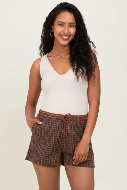 Brown Plaid Drawstring Button Accent Maternity Shorts sold by Pinkblush