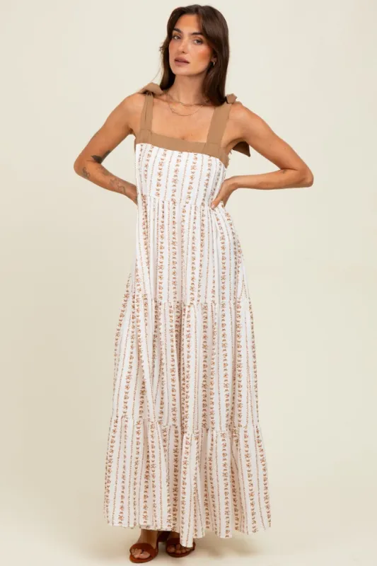Mocha/White Ditzy Floral Sleeveless Tiered Maxi Dress sold by Pinkblush