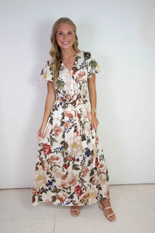 Alani Floral Button Front Maxi Dress, Ivory Multi sold by North & Main Clothing Company