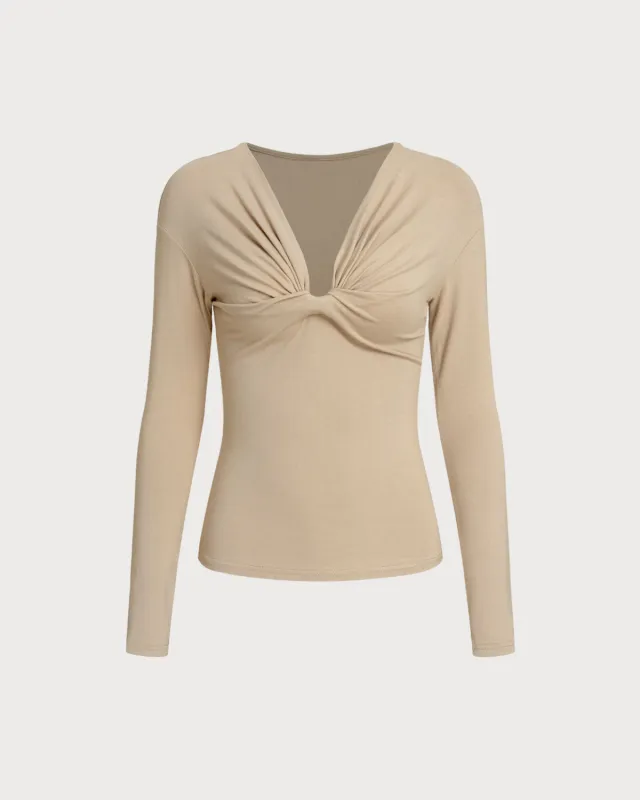 Khaki V Neck Twist Tee sold by rihoas
